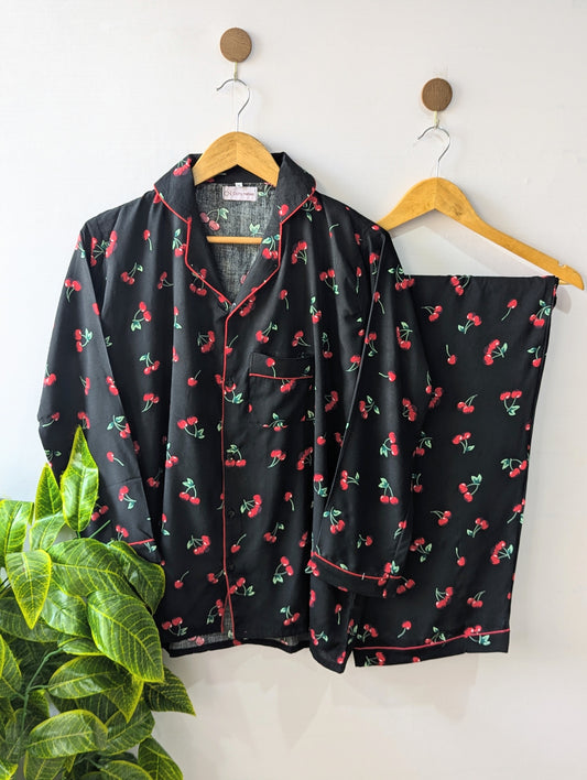 Black Red Cherry Linen PJ Set