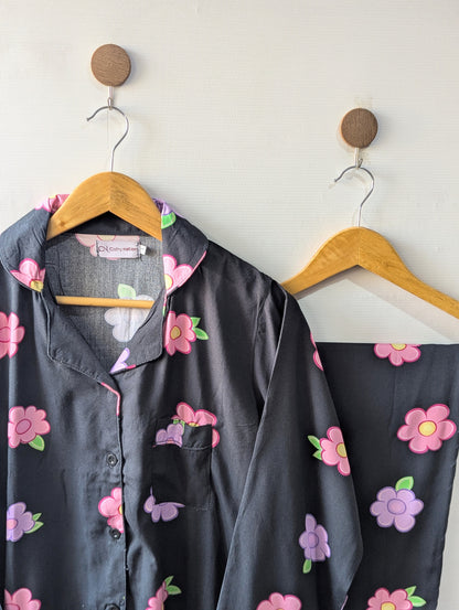 Black & Pink Flowers Linen PJ Set