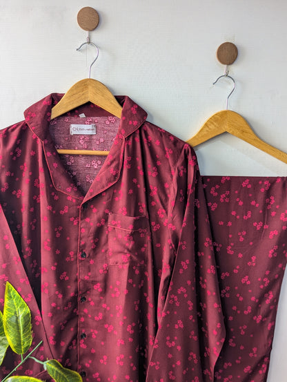 Burgundy Petals Linen PJ Set