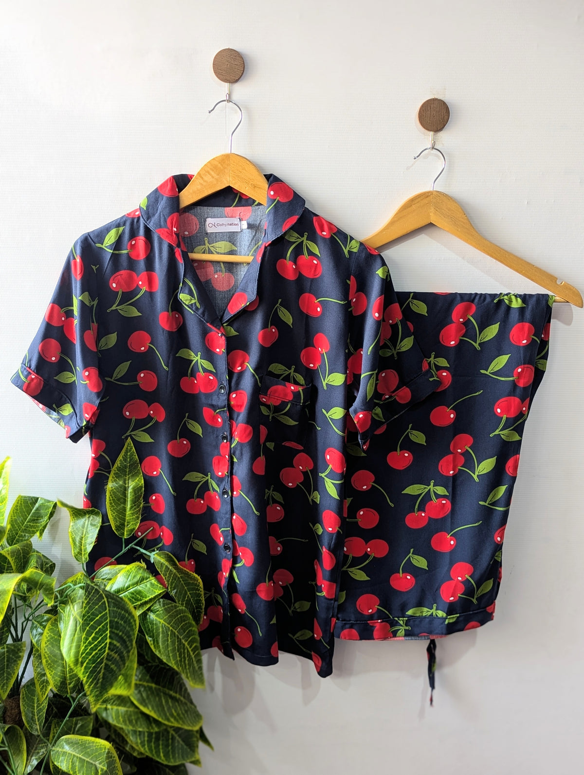 Black Cherries Hearts Linen PJ Set - Half Sleeves
