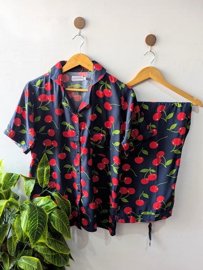 Black Cherries Hearts Linen PJ Set - Half Sleeves
