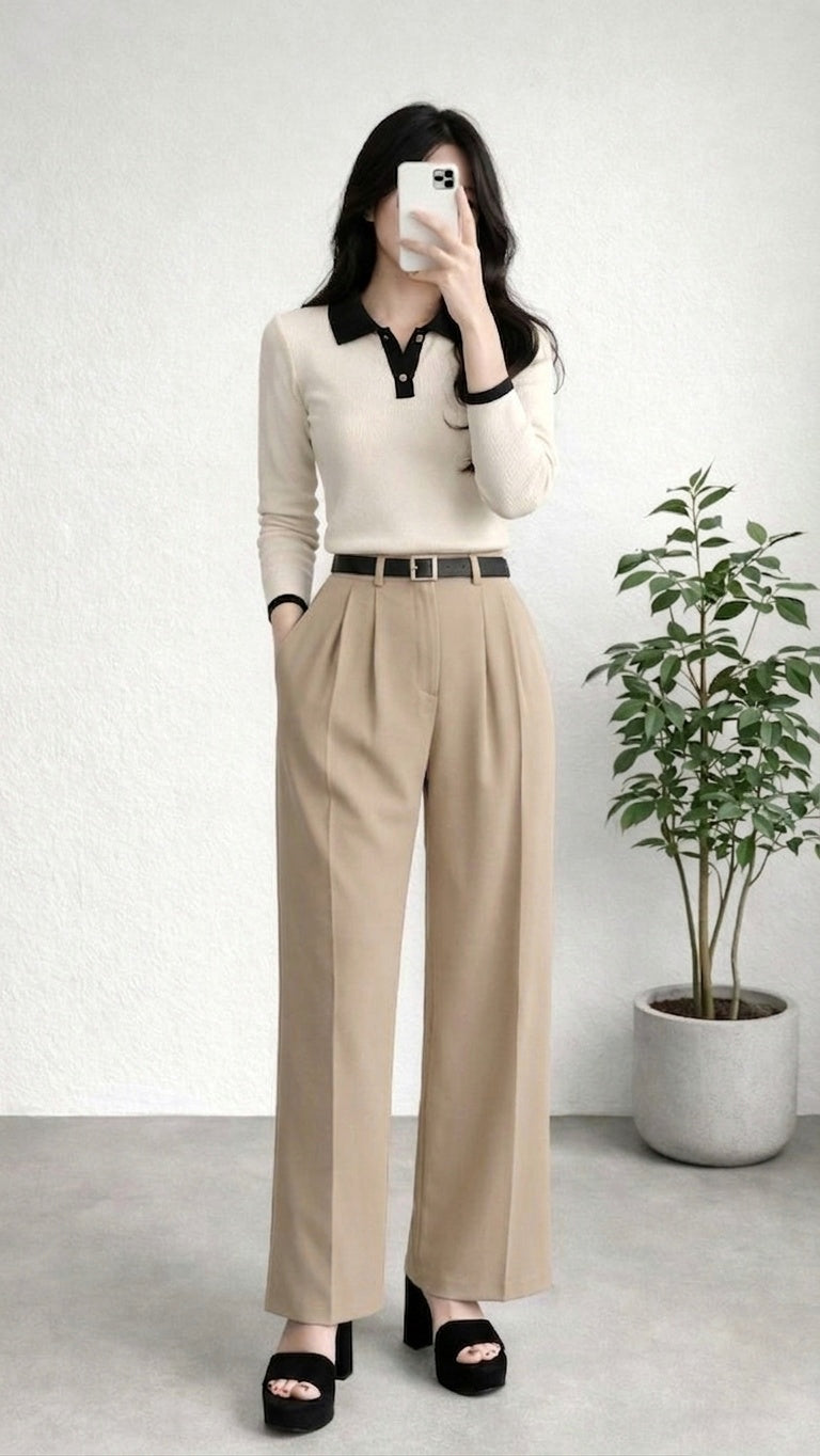 Wide Leg Pleated Korean Pants - Beige