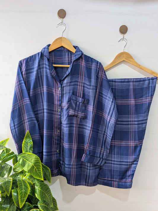 Navy Checks Linen PJ Set