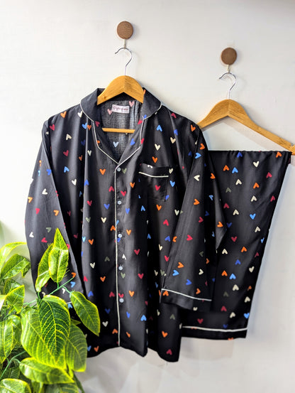 Black Multi Hearts Linen PJ Set