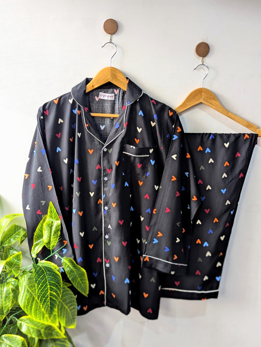 Black Multi Hearts Linen PJ Set