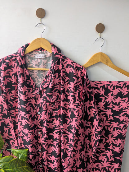 Pink & Black Leafs Linen PJ Set