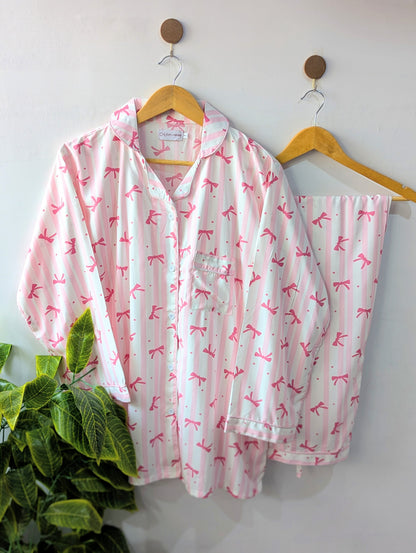 Pink Bow Stripes Linen PJ Set