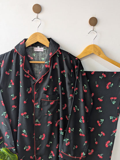 Black Red Cherry Linen PJ Set