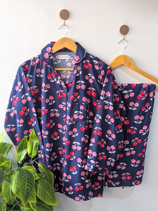 Blue & Pink Cherry Linen PJ Set