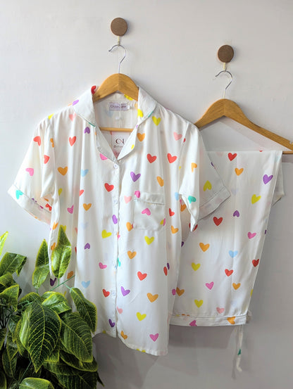 Cute White Hearts Linen PJ Set - Half Sleeves