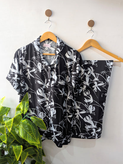 Black Leafs Linen PJ Set - Half Sleeves