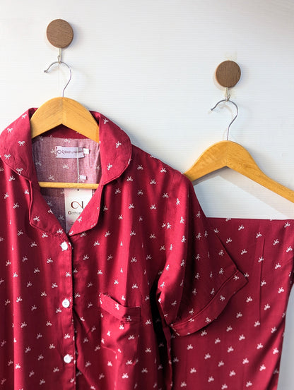 Maroon Bows Linen PJ Set - Half Sleeves