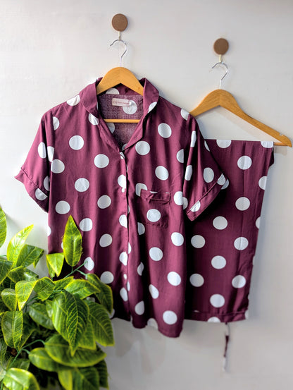 Maroon Polka Dots Linen PJ Set - Half Sleeves