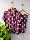 Maroon Polka Dots Linen PJ Set - Half Sleeves