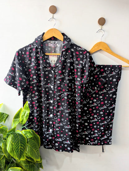 Midnight Smiles Linen PJ Set - Half Sleeves