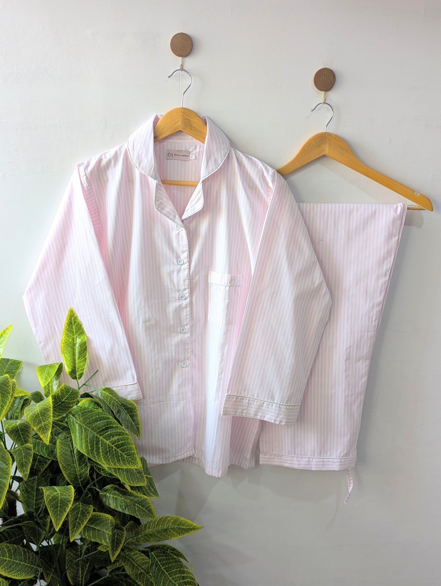 Pink Stripped Cotton PJ Set - Full Sleeves