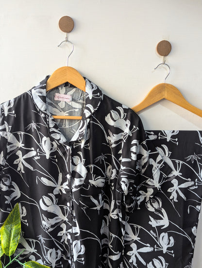 Black Leafs Linen PJ Set - Half Sleeves