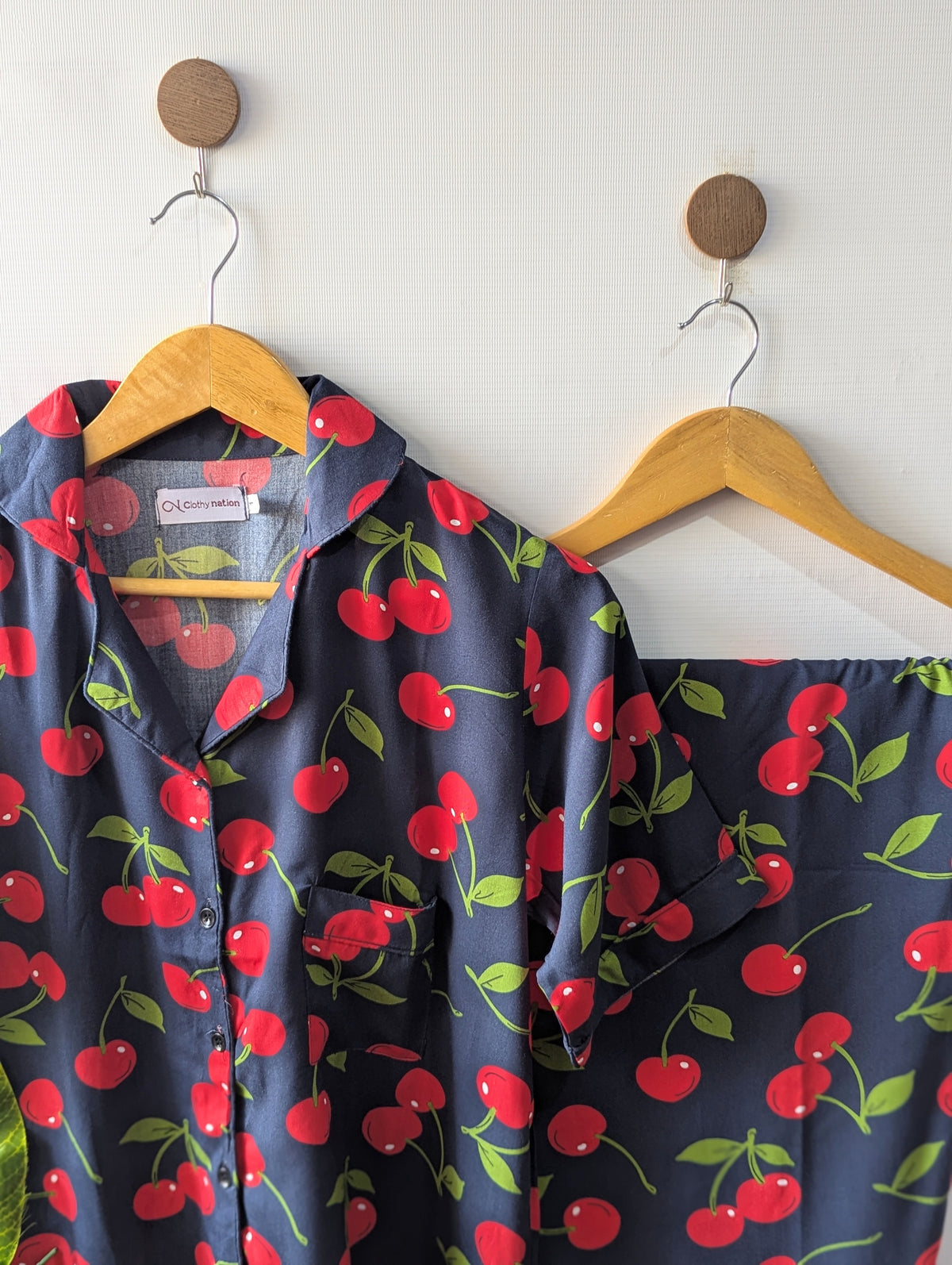 Black Cherries Hearts Linen PJ Set - Half Sleeves