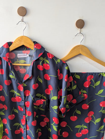 Black Cherries Hearts Linen PJ Set - Half Sleeves