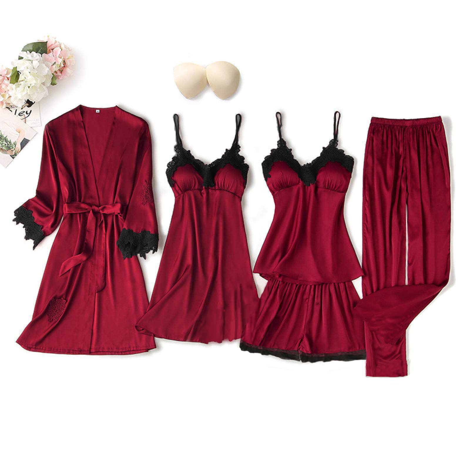 Premium & Sexy Silk Black Laced Womens Nighty – 5pc Set – CN