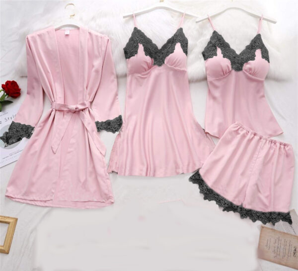 Womens Silk 4pc Black Laced Nighty Set - Image 4