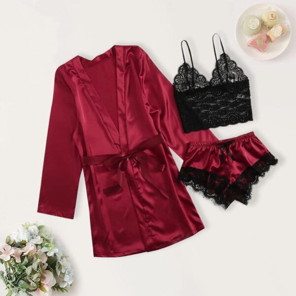 Bridal Laced Silk Lingerie - 3pc Set - Red - Image 3