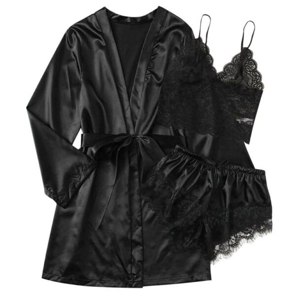 Bridal Laced Silk Lingerie – 3pc Set – Black - Image 2