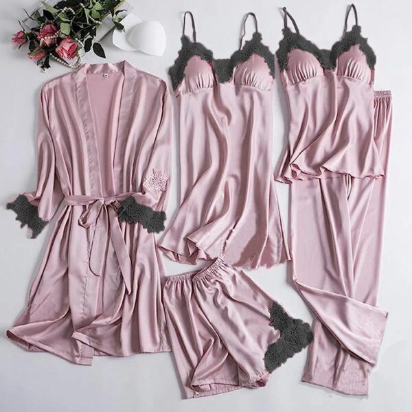 Premium & Sexy Silk Black Laced Womens Nighty - 5pc Set - Image 4