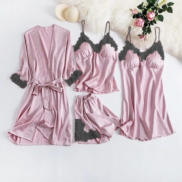 Premium & Sexy Silk Black Laced Womens Nighty - 4pc Set - Image 4