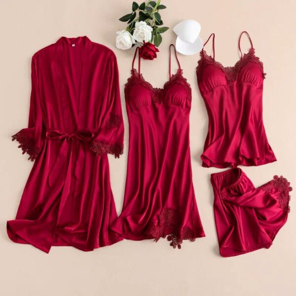 Womens 4pc Silk Same Colored Lace Nighty Set - Image 3