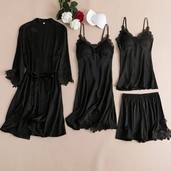 Womens 4pc Silk Same Colored Lace Nighty Set - Image 2