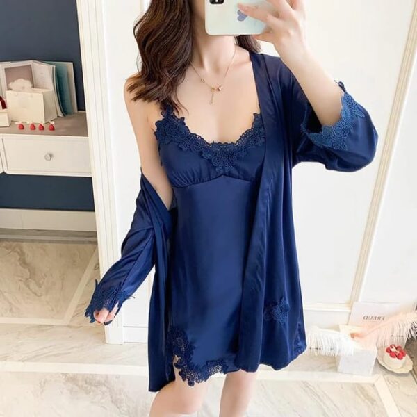 Robed Silk 2pc Same Colored lace Nightwear Set - Image 4