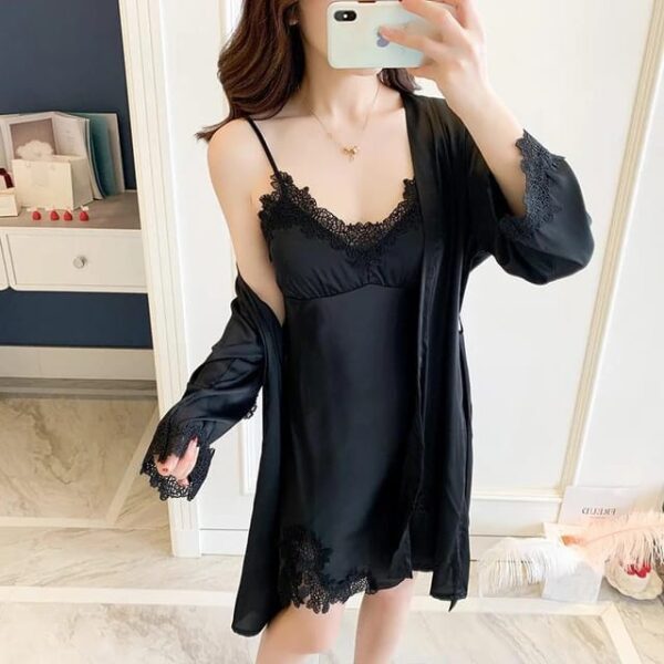Robed Silk 2pc Same Colored lace Nightwear Set