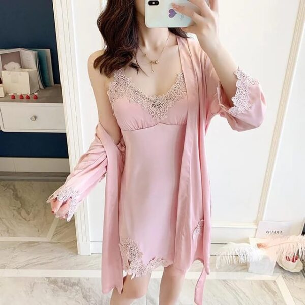 Robed Silk 2pc Same Colored lace Nightwear Set - Image 3