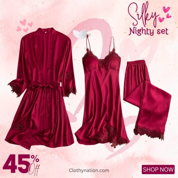 Silky 3pc Loungewear & Nighty Set - Image 2