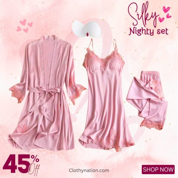 Silky 3pc Loungewear & Nighty Set - Image 4