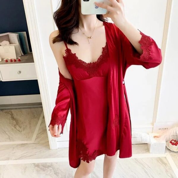Robed Silk 2pc Same Colored lace Nightwear Set - Image 2