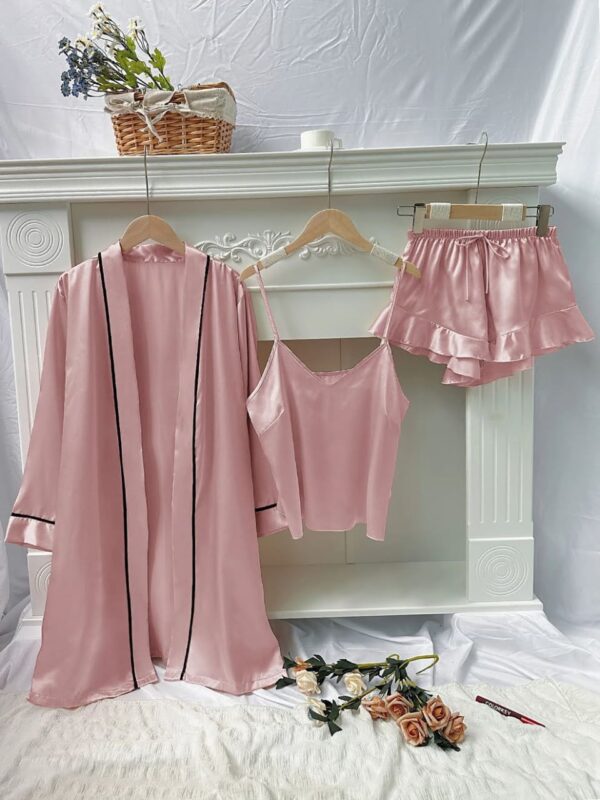 Women Silk Sleepwear Contrast Pipin Nighty Set - Image 2